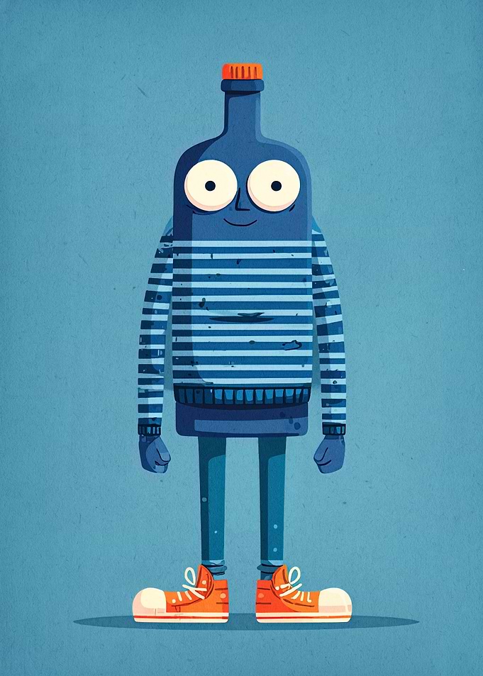 Bottle Character with Striped Shirt