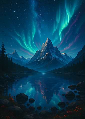 Aurora Borealis over Mountain Lake
