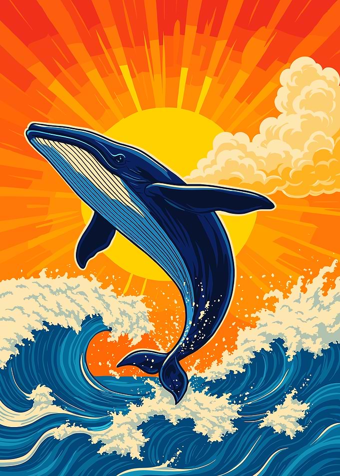 Whale breaching ocean waves at sunset