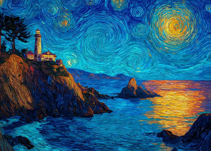 Lighthouse by the sea, starry night
