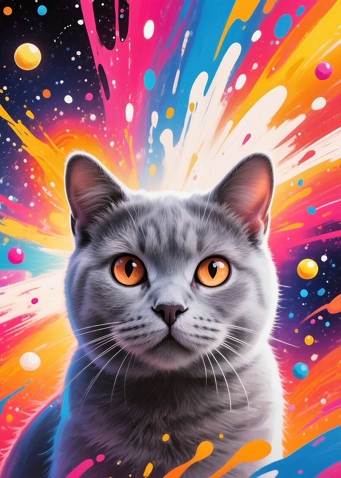 Gray Cat with Colorful Abstract Background