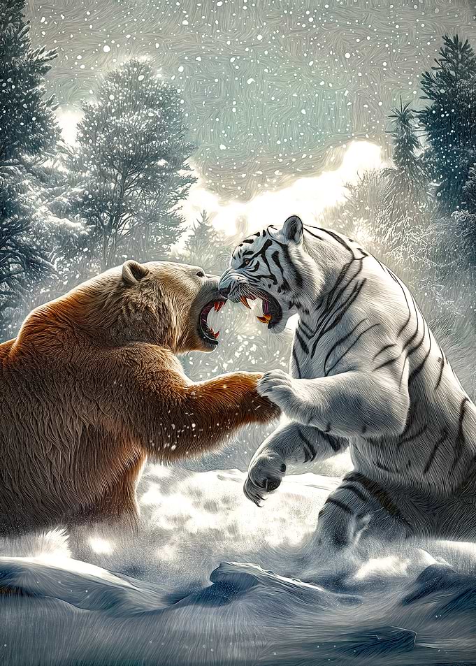 Bear and Tiger Fight in Snow