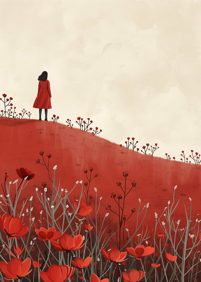 Red Coat in Floral Landscape