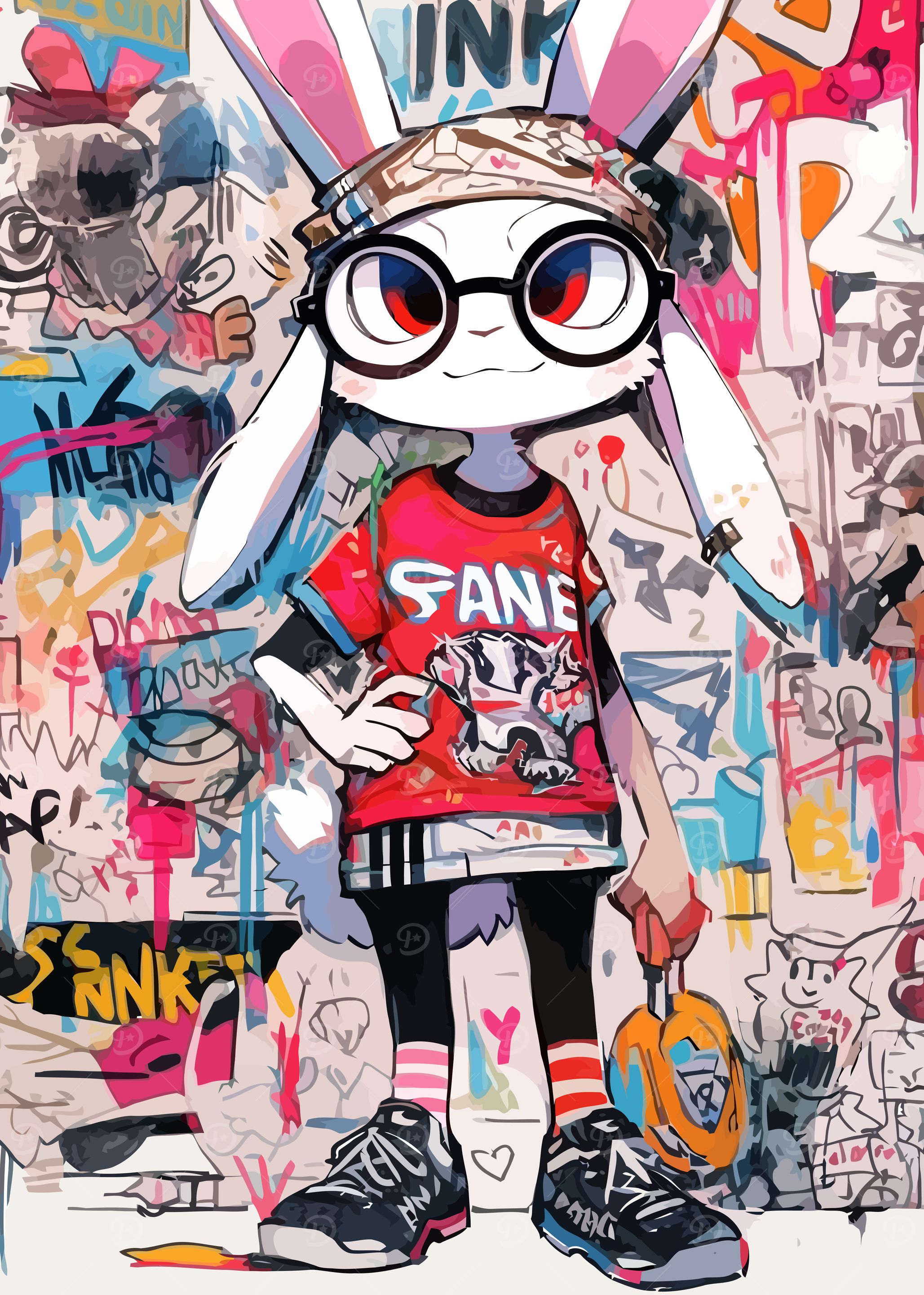 Urban Bunny Character with Graffiti Background