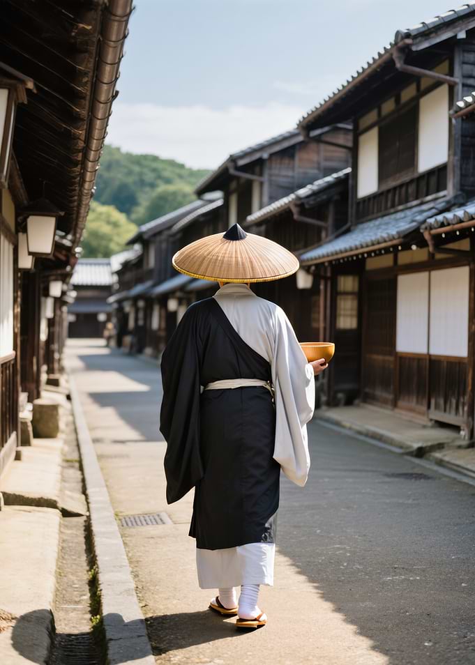 Buddhist Monk walking in traditional Japanese village