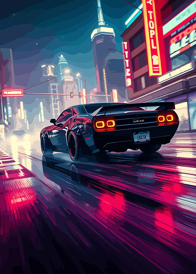 Retro Car in Neon Cityscape