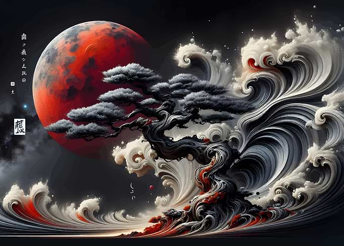 Bonsai Tree, Moon, and Waves
