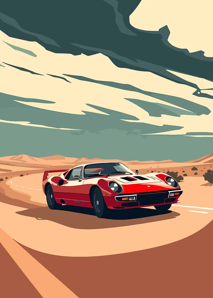 Red Sports Car Desert Road Trip