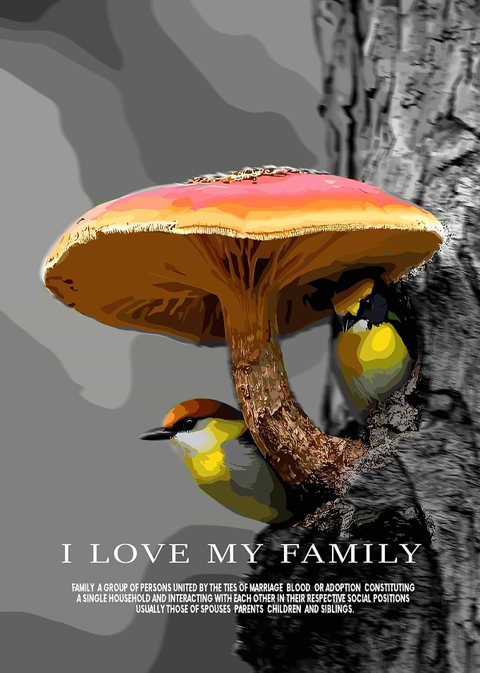 Family of Birds Under Mushroom