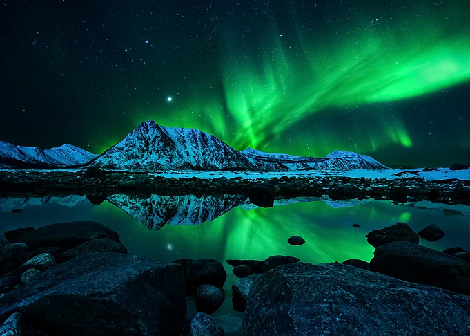 Aurora Borealis over Snowy Mountains