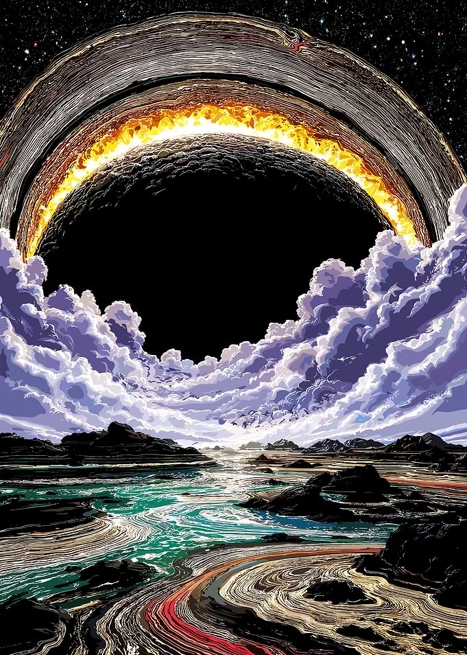 Surreal Landscape with Ringed Planet