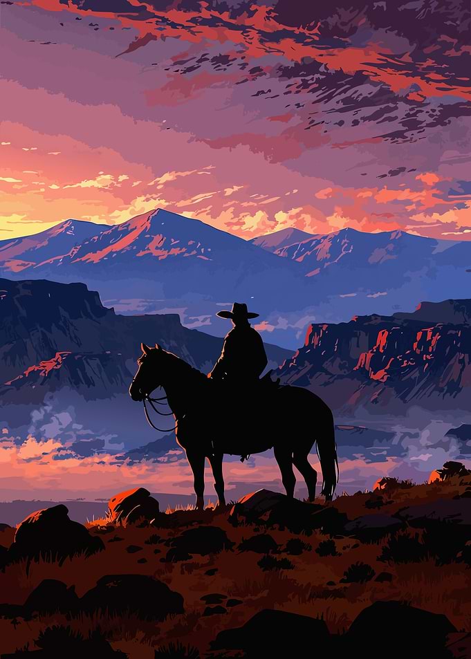 Cowboy on Horseback at Sunset