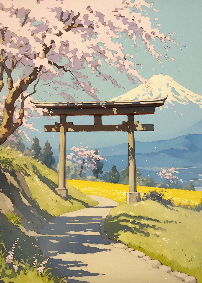 Japanese Torii Gate with Mount Fuji