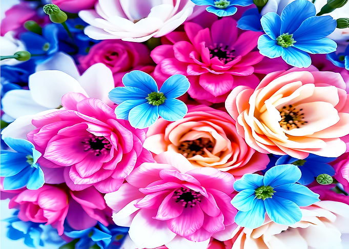 Floral Bouquet with Pink, Blue, White Flowers