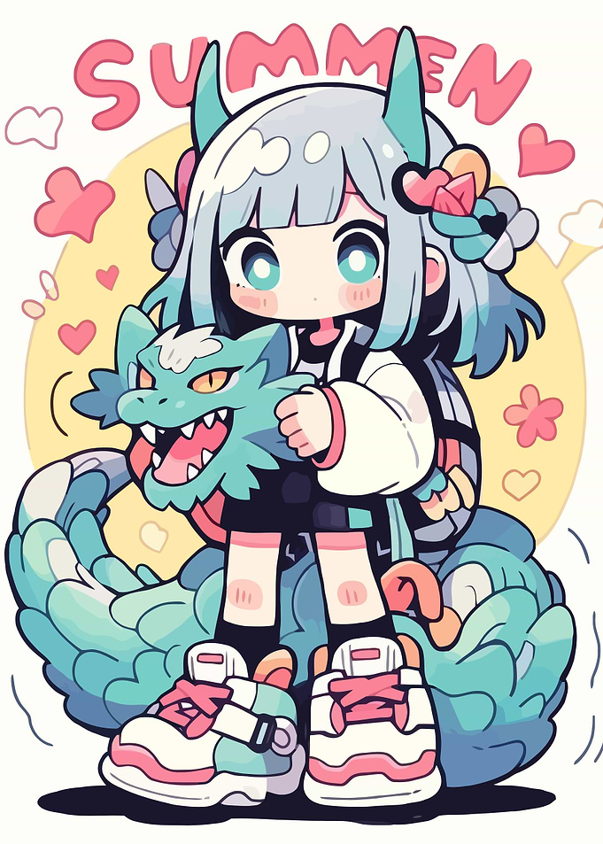 Anime Girl with Dragon Summer Illustration