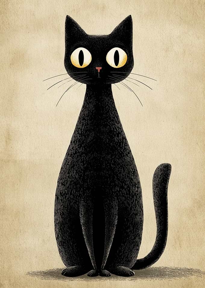 Retro Cartoon Cat Poster Featuring a Balck Cat – Vintage Mid-Century Style Wall Art Stylized Black Cat Illustration
