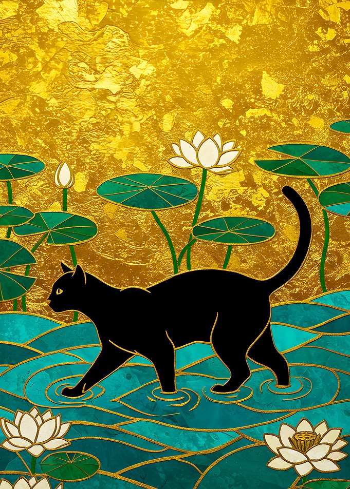 Black Cat in Lotus Pond