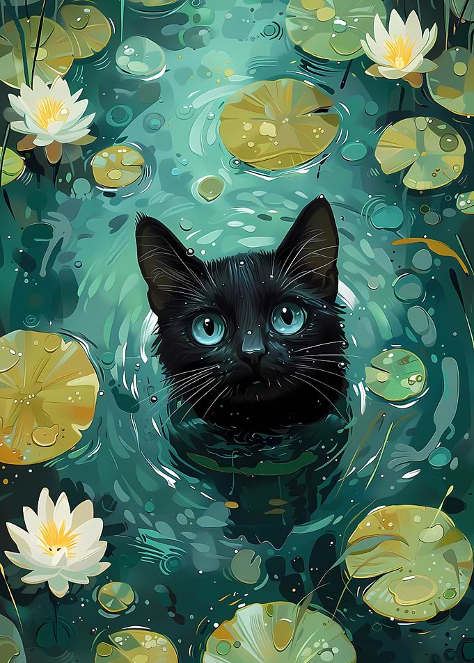 Black Cat in Lily Pond