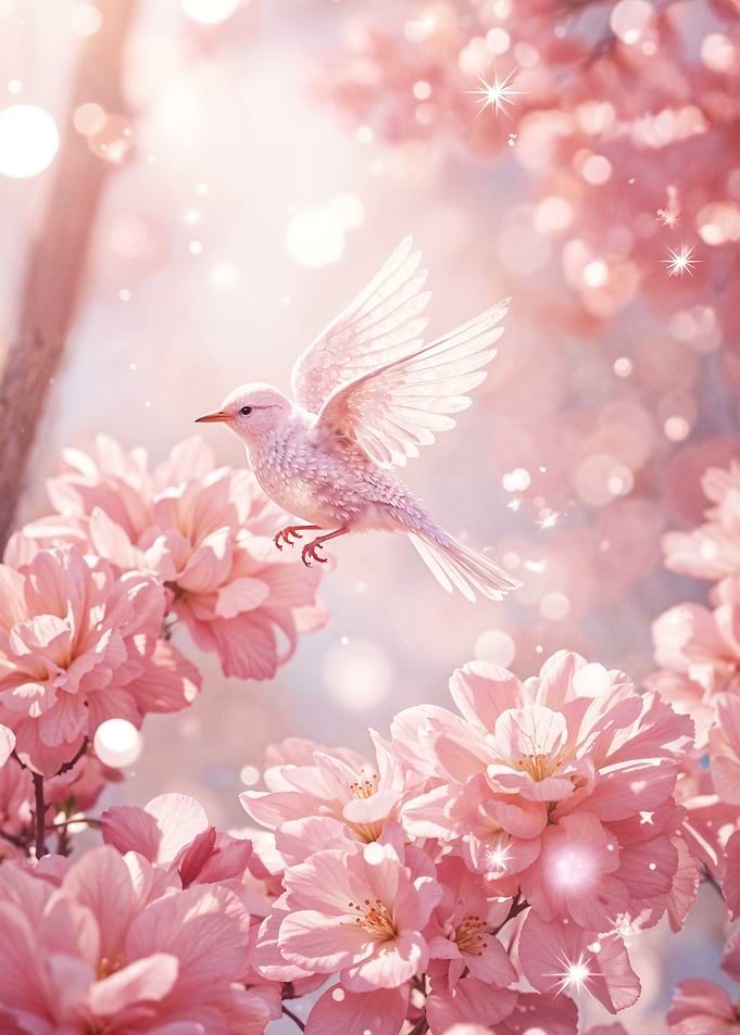 Pink Bird Among Cherry Blossoms