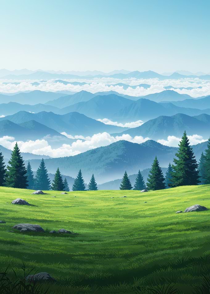 Green Meadow and Distant Blue Mountains