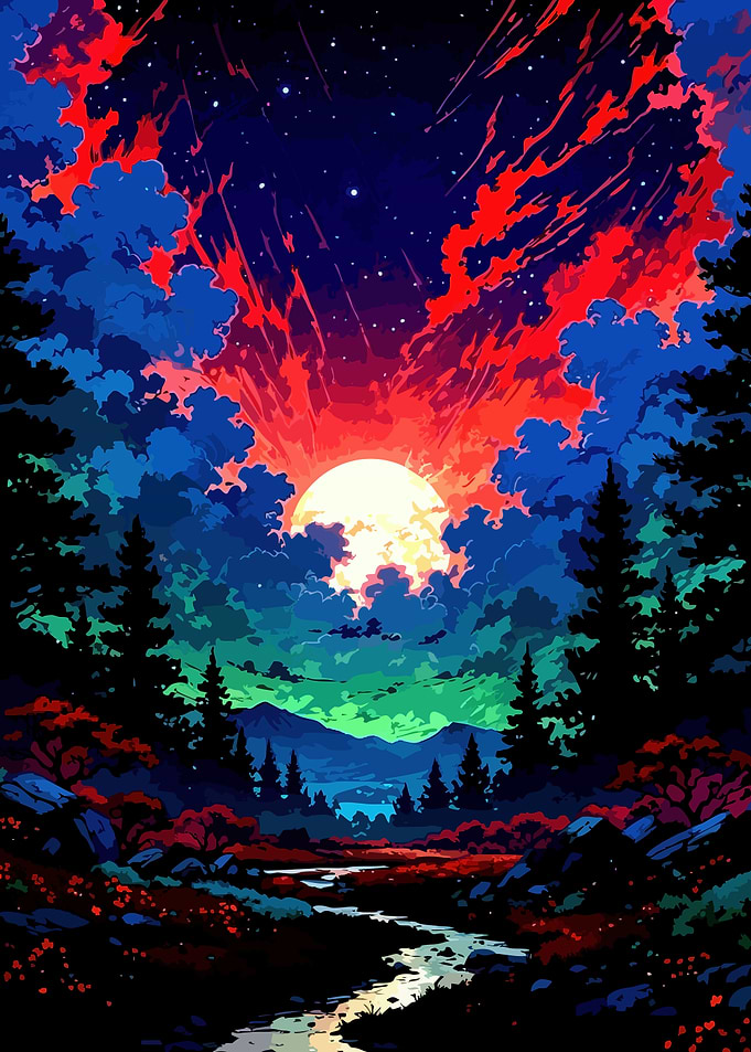 Colorful Landscape with River and Sunset