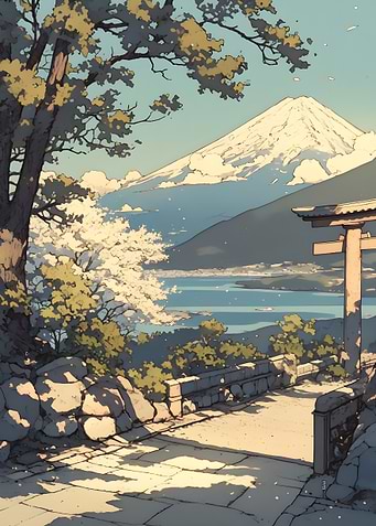 Mount Fuji Landscape with Torii Gate