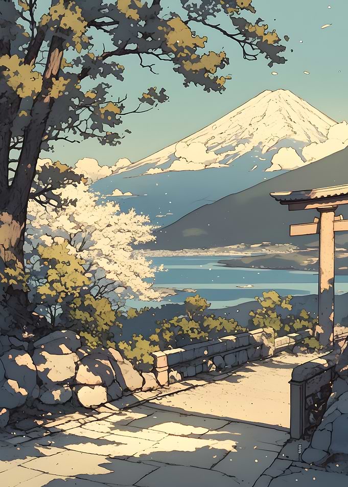 Mount Fuji Landscape with Torii Gate