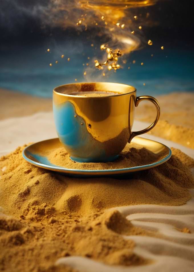 Golden Coffee Cup on Sand