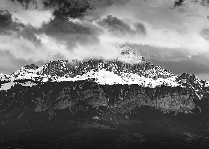 Monochrome Alps Mountain Landscape with Clouds