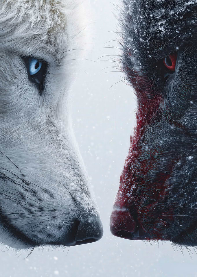 Wolf Snow Confrontation: Duality White vs Black Wildlife Rivalry