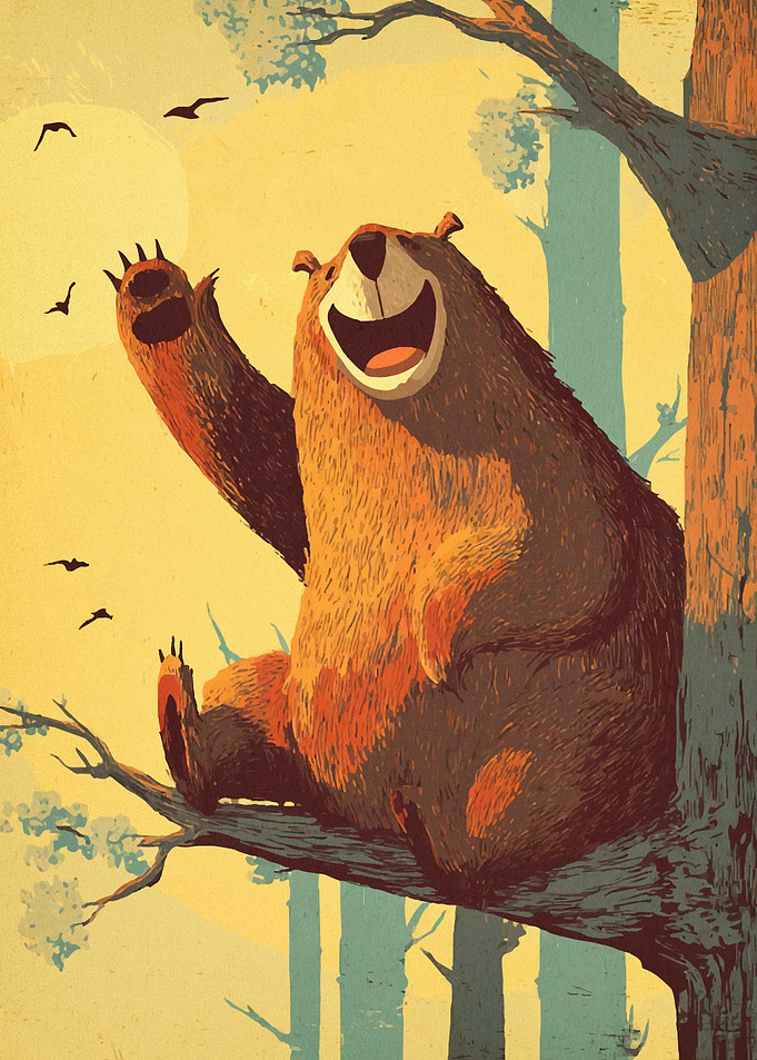 Friendly Bear Waving from a Tree