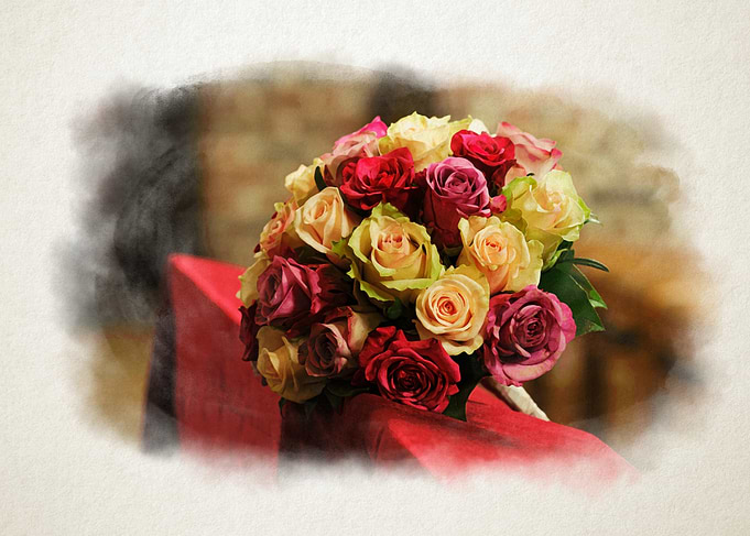 Elegant Bouquet of Mixed Roses on a Decorated pew in watercolor