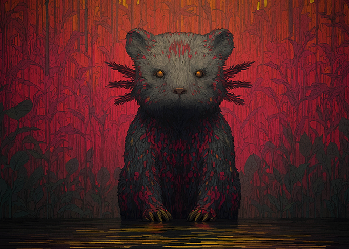 Mystical Bear Creature in Red Forest