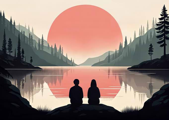 Couple watching sunset over lake Nature