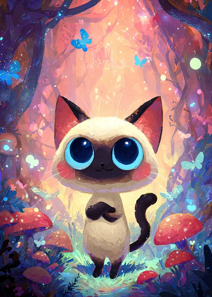 Cute Siamese Cat in Magical Forest