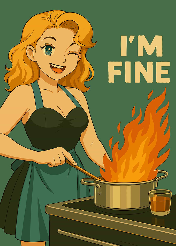 Cartoon Woman Cooking with Flames