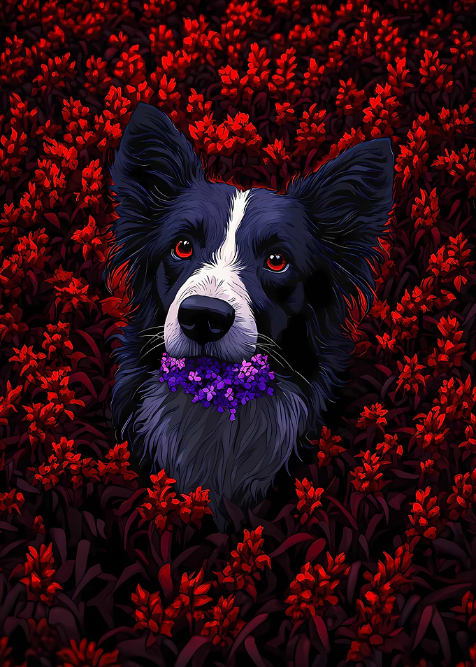 Dog with Flowers in a Field