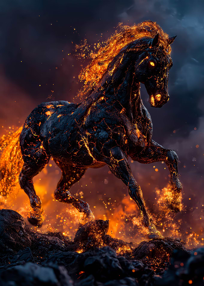 Fiery Horse Galloping Through Dark Landscape