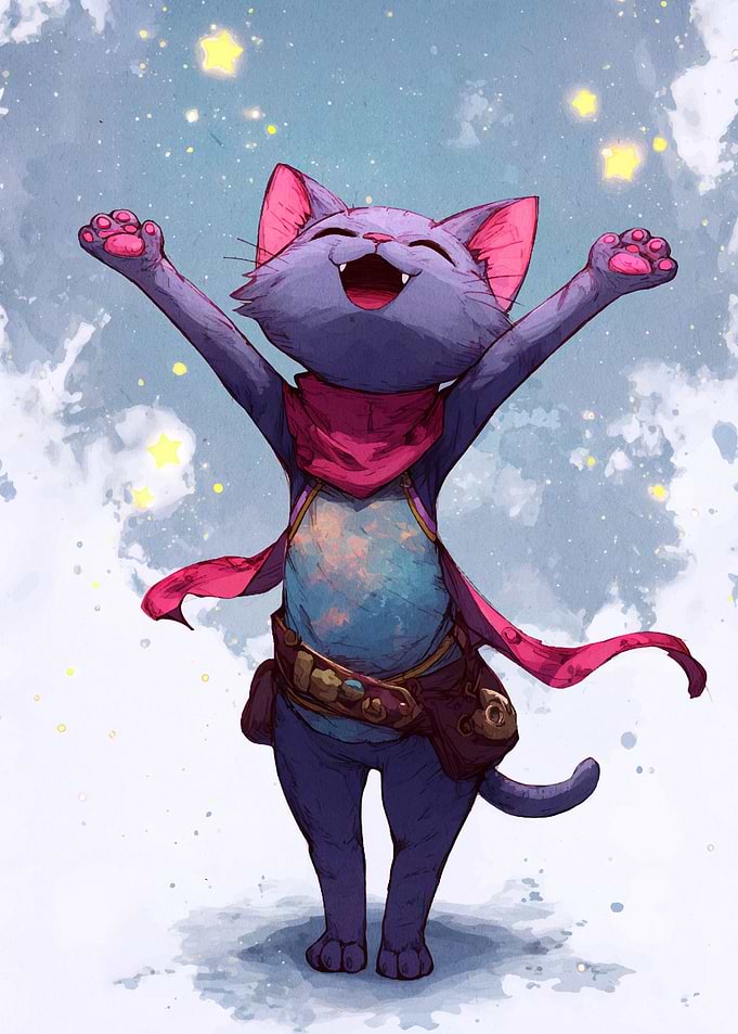 Happy Purple Cat with Arms Raised