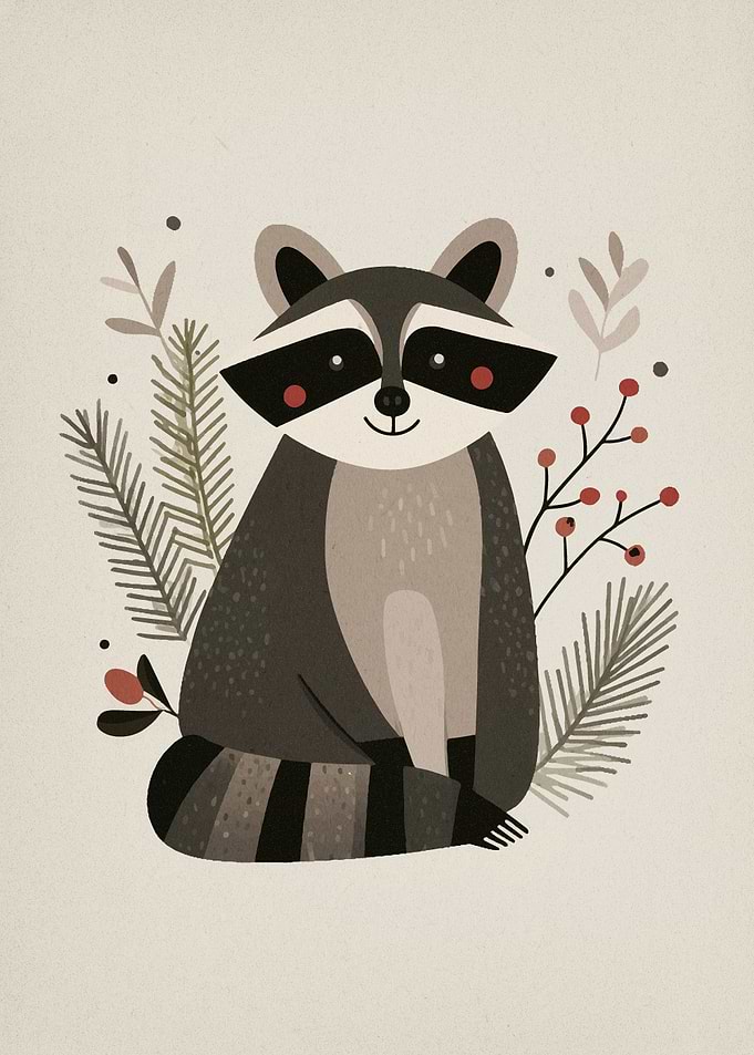 Cute Raccoon with Winter Foliage