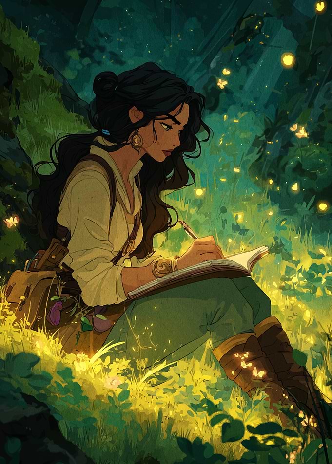 Woman writing in nature, digital art