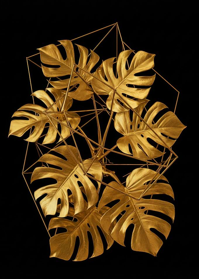 Golden Monstera Leaves with Geometric Frame
