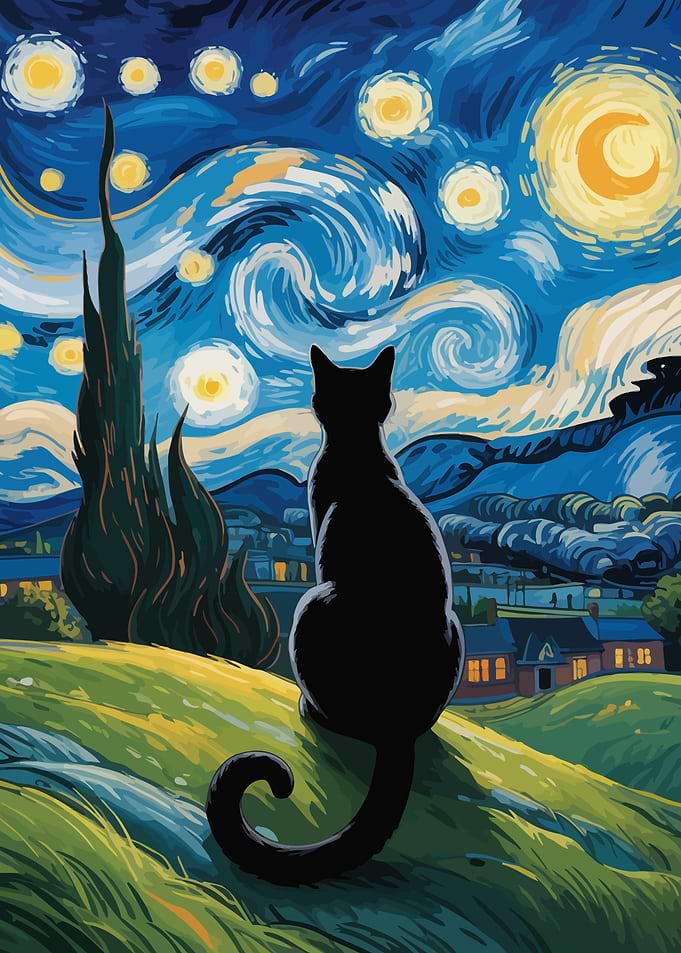 Black Cat Starry Night Painting