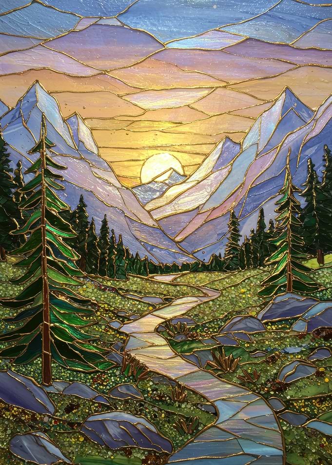 Stained Glass Mountain Landscape at Sunset
