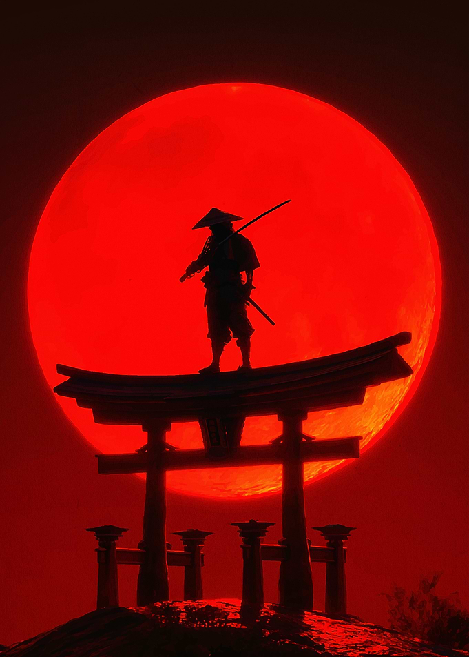 Samurai Silhouette Under Red Moon