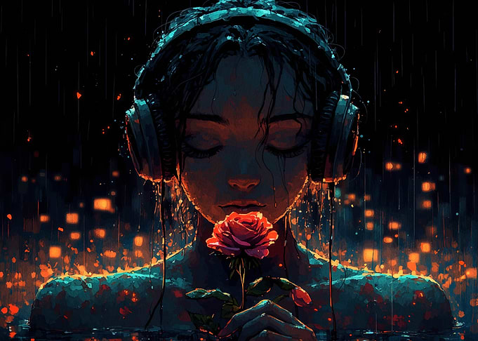 Girl with Headphones and Rose