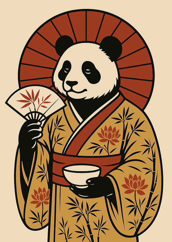 Panda in Kimono with Tea