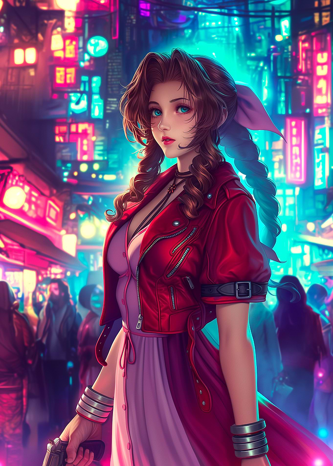 Aerith Gainsborough in Neon Cityscape