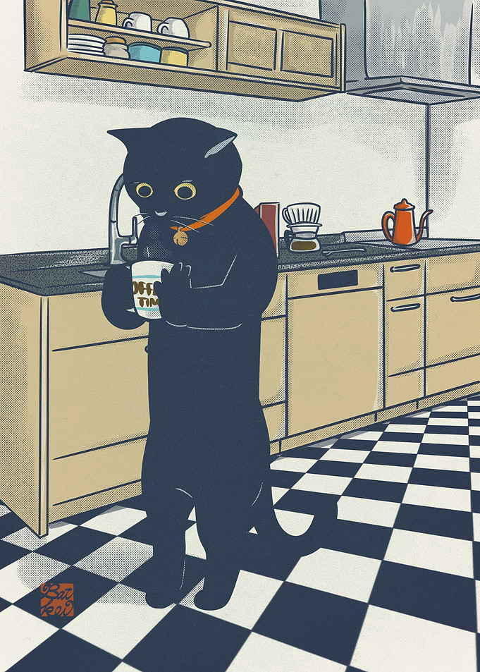 Cat with Coffee in Kitchen