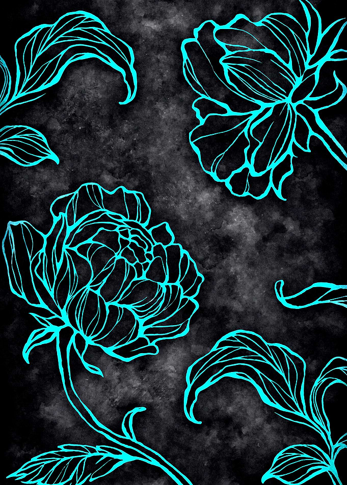 Cyan Floral Line Art on Black